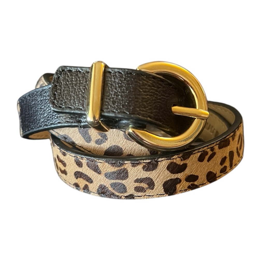 Oscar by Oscar de la renta Leopard Print Leather Cowhide Belt with Gold Buckle